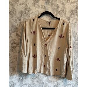 Madewell‎ V Neck Blouse 100% Silk Embroidered Long Sleeve Boho L Top
